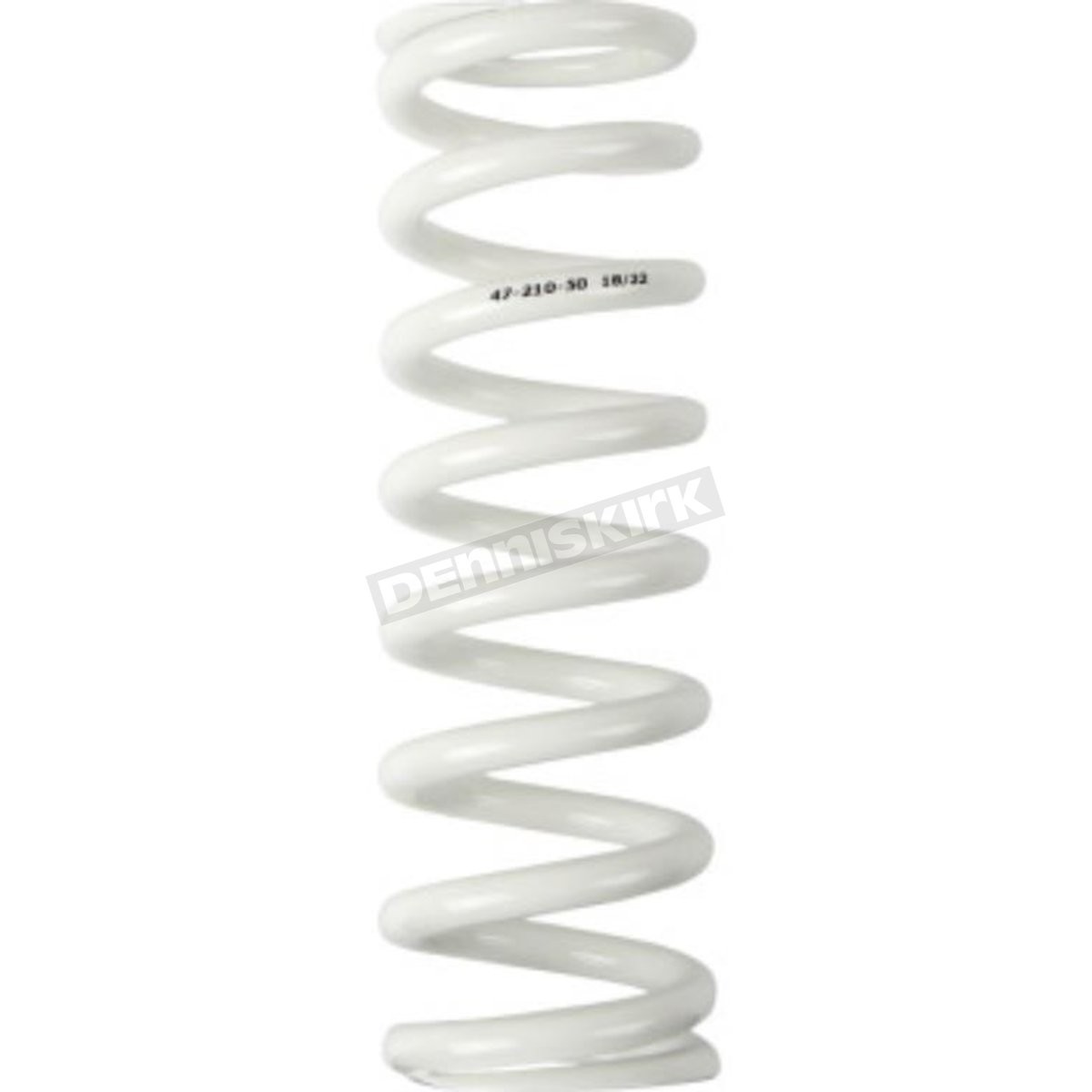 White shock spring with a 47mm outside diameter and 210mm length, featuring a coiled design and marked with specifications for easy identification.
