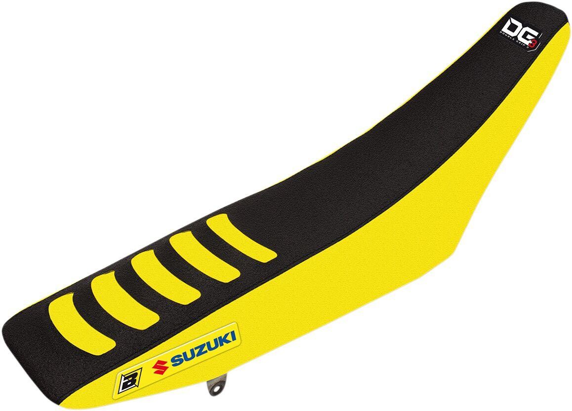 Blackbird Double Gripper Seat Cover for Suzuki RMZ450 (2018-19) featuring a black and yellow design, textured grip surface, and prominent logo detailing.