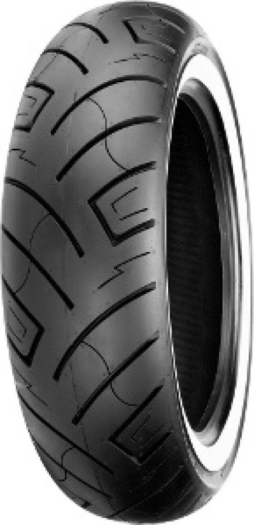 Black motorcycle tyre with a white wall, featuring a tread pattern designed for grip, labeled as Shinko F777/R777, size 130/90B16, and rated 73H.