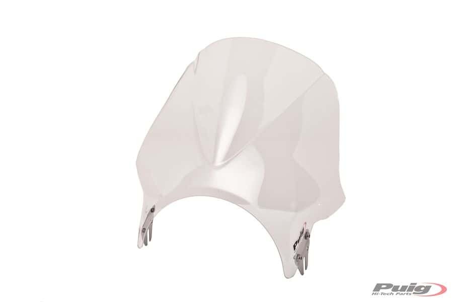 Clear Puig Windy Screen for Suzuki 125 XT (1999-2000) with a sleek design, featuring a smooth surface and metal mounting brackets for easy installation.