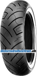 Shinko F777/R777 rear motorcycle tyre featuring a black rubber surface with a distinctive tread pattern and a prominent white wall, size 150/80B16, rated 77H.