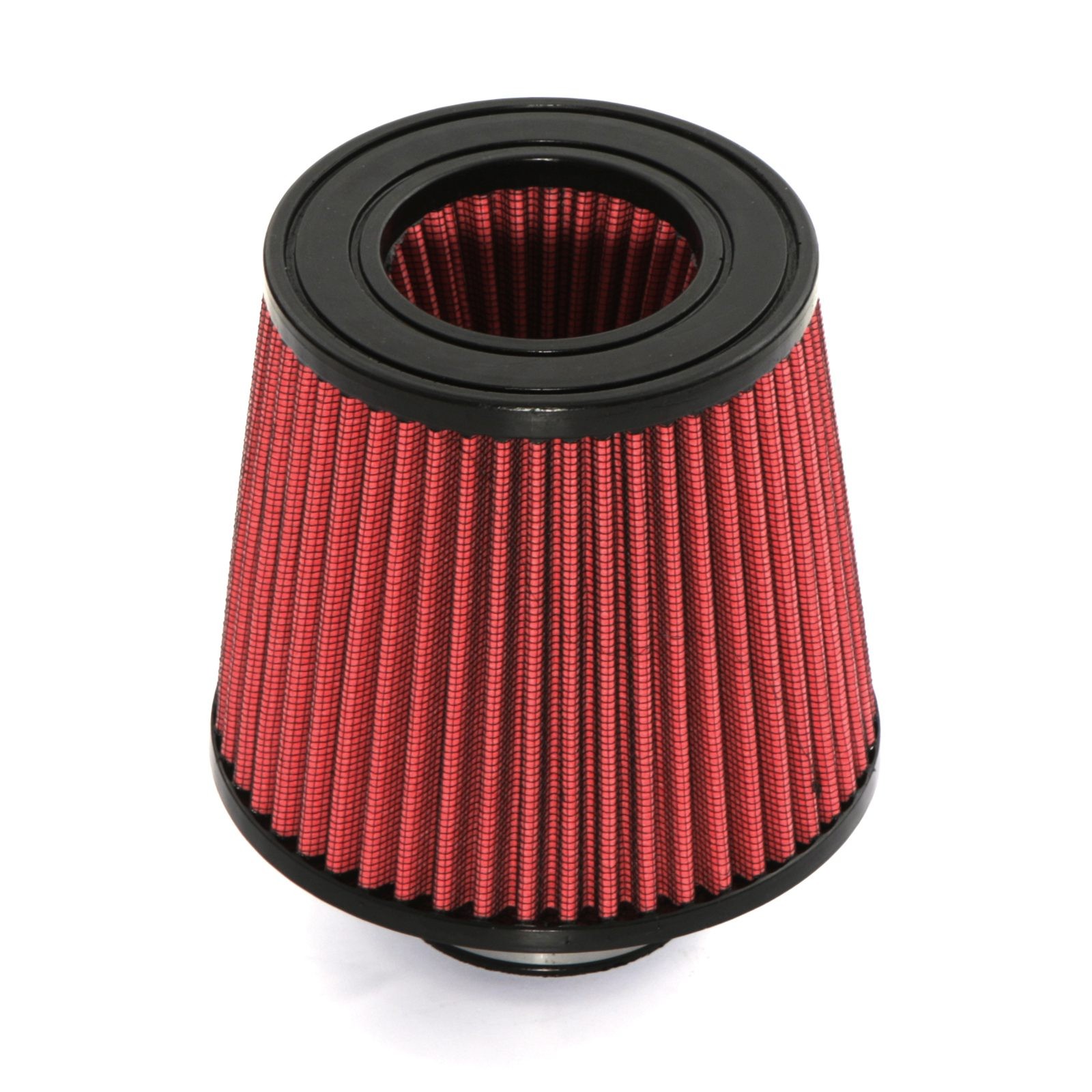 Red and black performance air filter with a conical shape, featuring a textured pleated design and a black rubber base, measuring 2.5 inches (63.5mm) in diameter, universal fit.