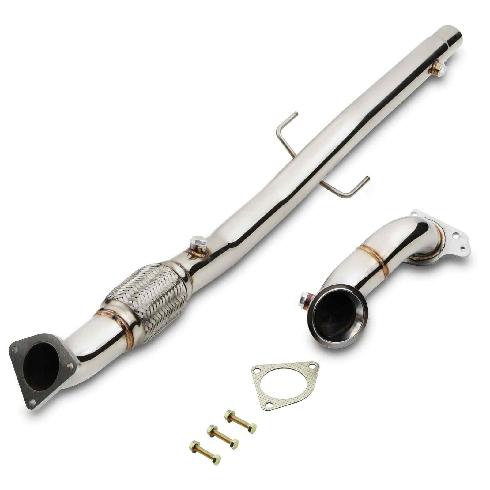Polished stainless steel exhaust decat downpipe and pre-cat pipe for Vauxhall Corsa E 1.6 Turbo VXR, featuring a flex section and mounting hardware.