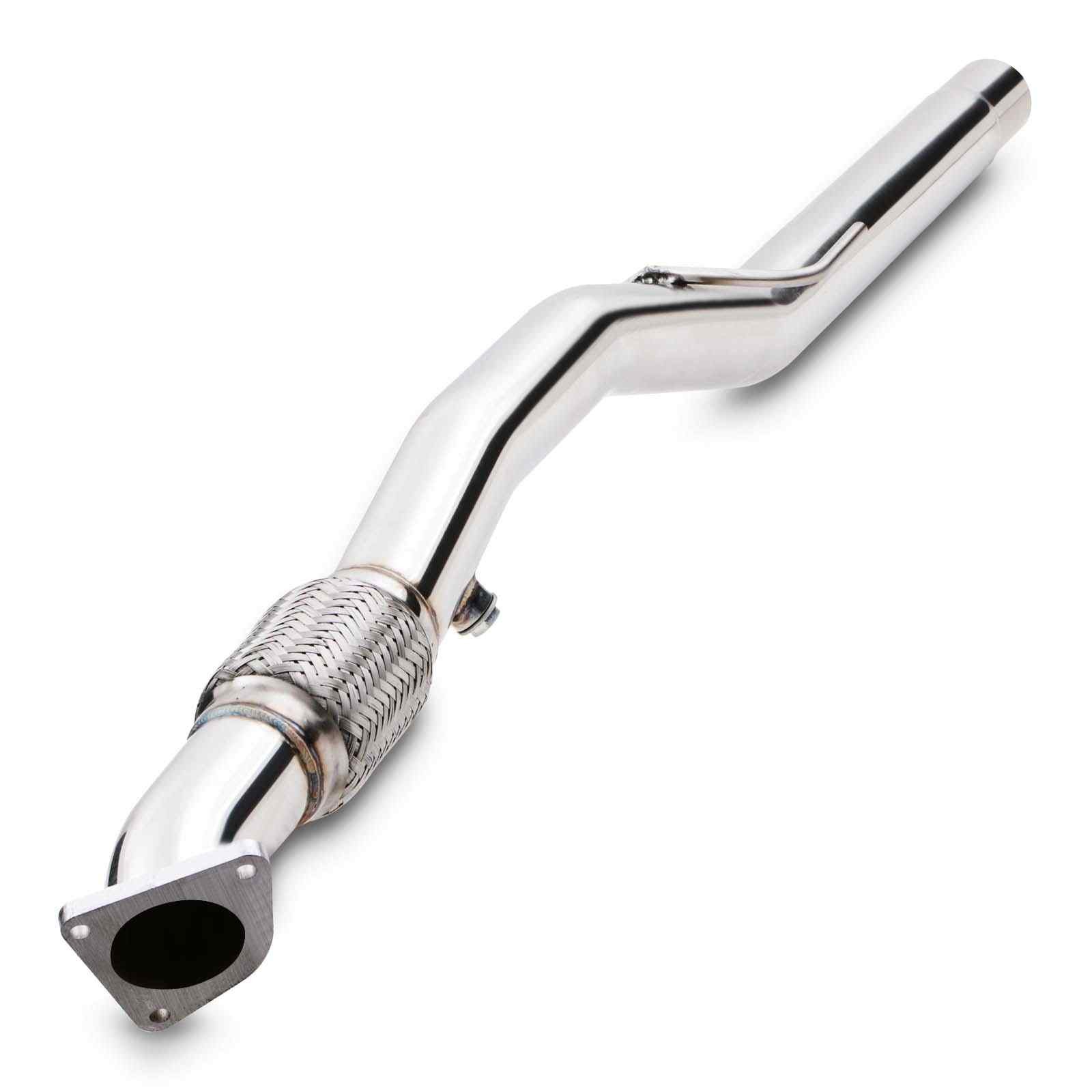 Polished stainless steel 2.5" exhaust decat downpipe with a smooth curve, featuring a flex section and flanged end, designed for Vauxhall Corsa E 1.6 Turbo VXR models from 2014 onwards.
