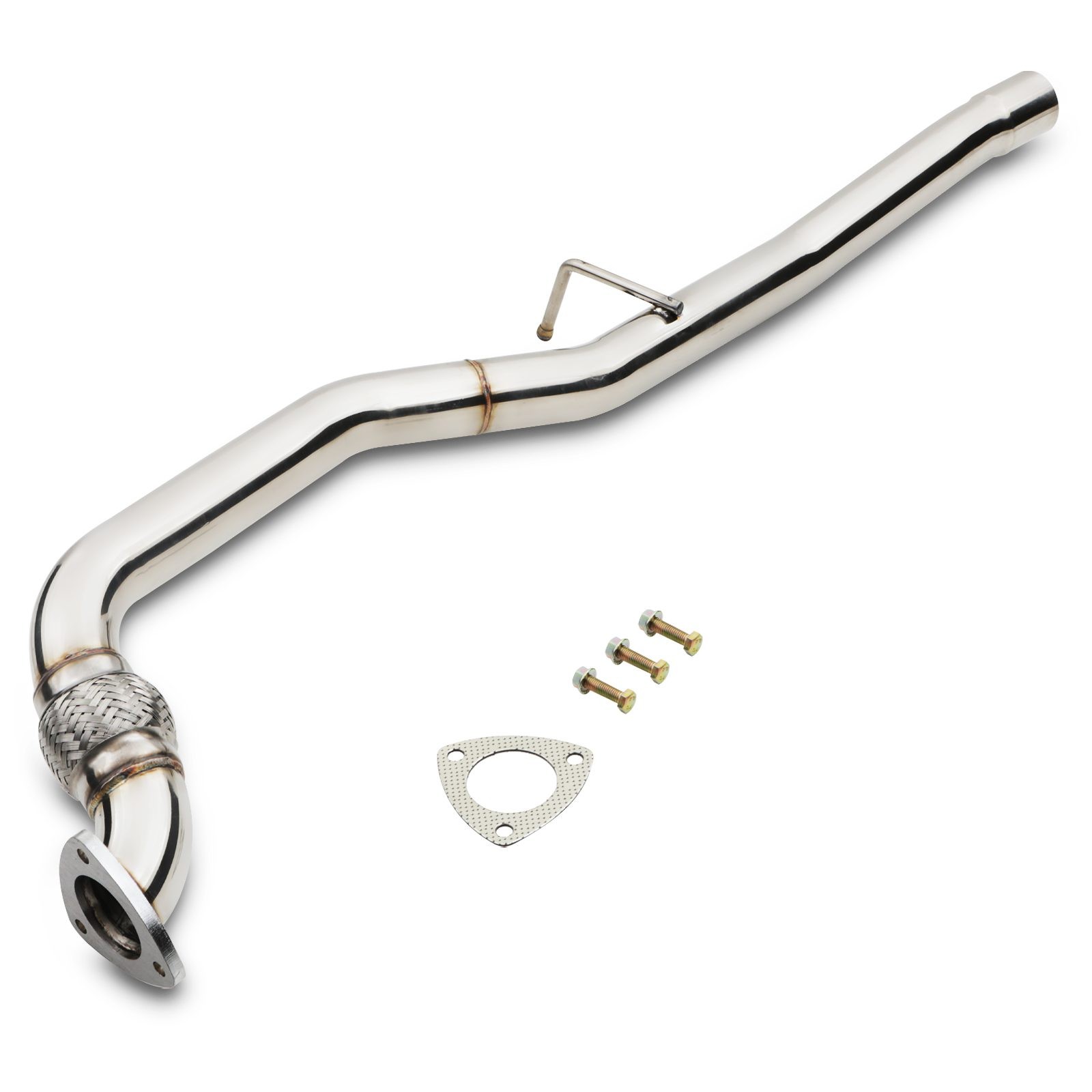 Shiny stainless steel 2.5" exhaust decat pipe with a curved design, featuring a flex section, and includes a flange, gasket, and three bolts for installation.