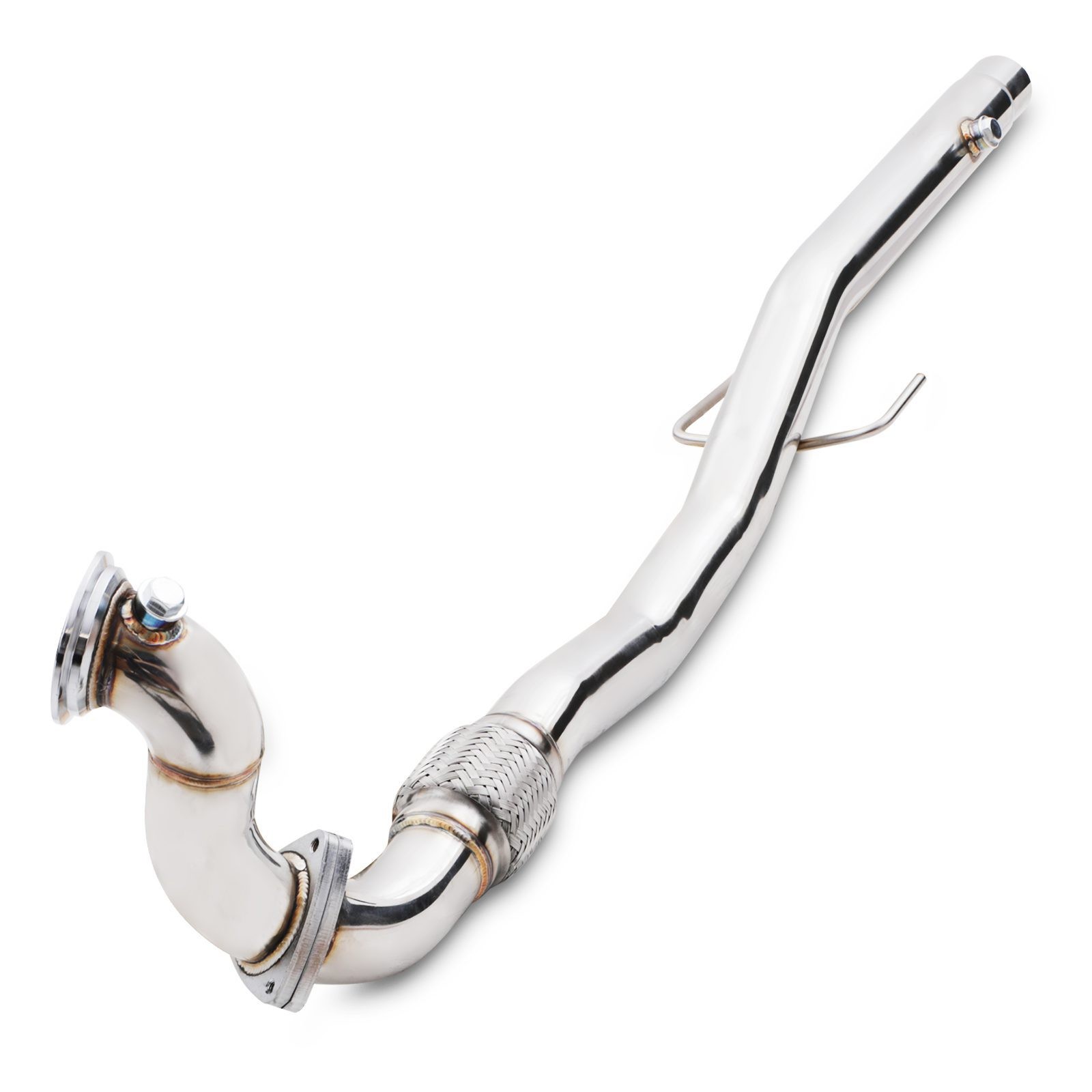 Polished stainless steel 2.5" exhaust decat pipe for Vauxhall Corsa D 1.6 16V Turbo VXR Z16 (2007-2009) with a curved design and a flexible section.