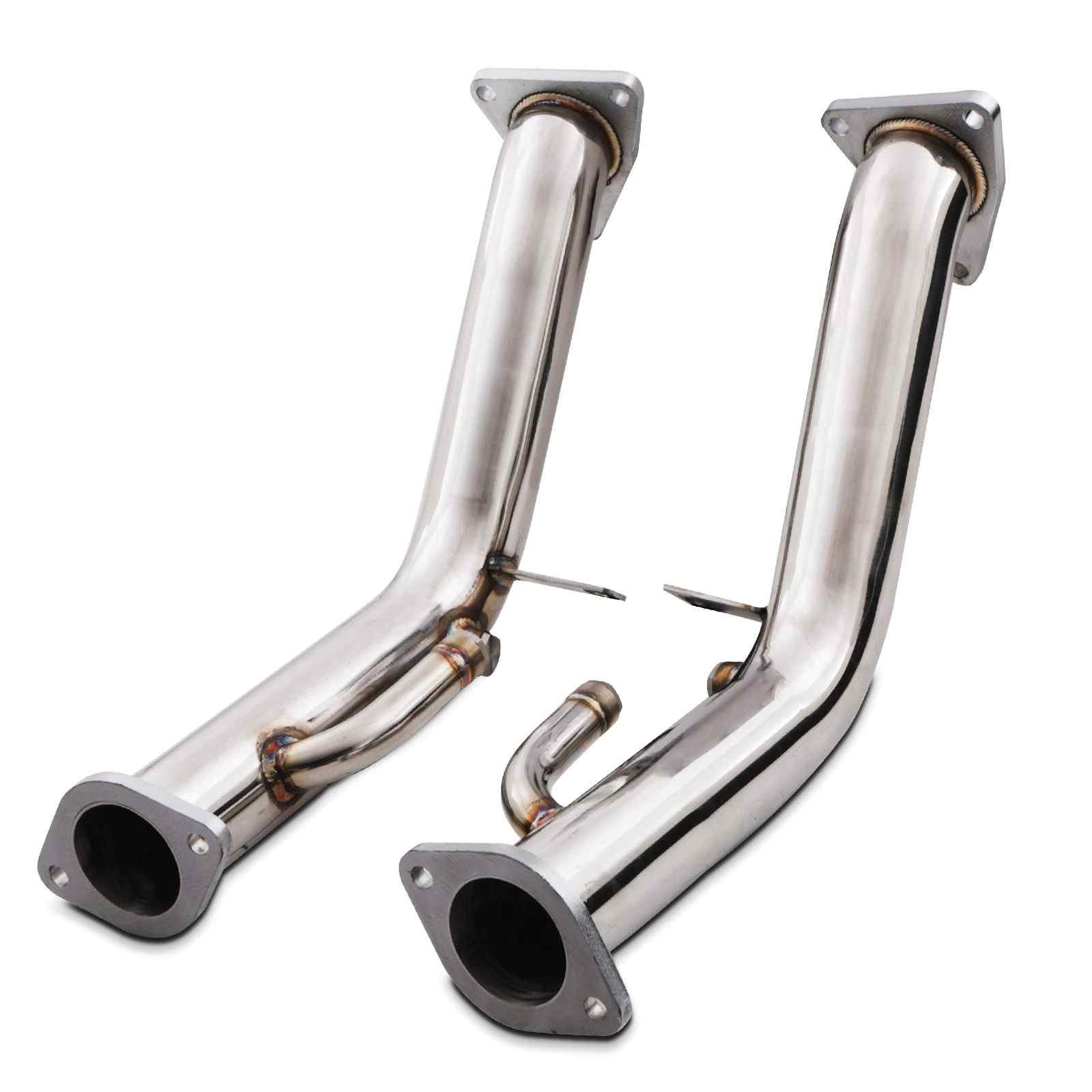 Polished stainless steel exhaust decat pipes for Nissan 370Z, featuring two curved pipes with flared ends and welded joints, designed for enhanced performance.