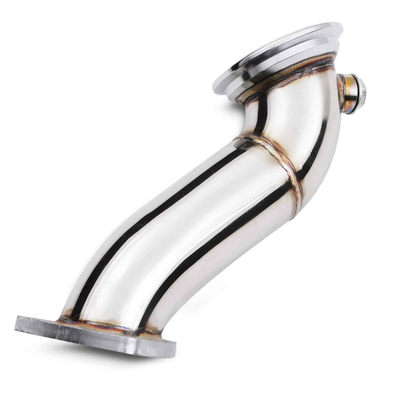 Shiny stainless steel 2.5" exhaust pre-cat decat downpipe with smooth curves, flanged end, and welded seams, designed for Vauxhall Corsa D 1.6 16V Turbo VXR models from 2007 to 2010.
