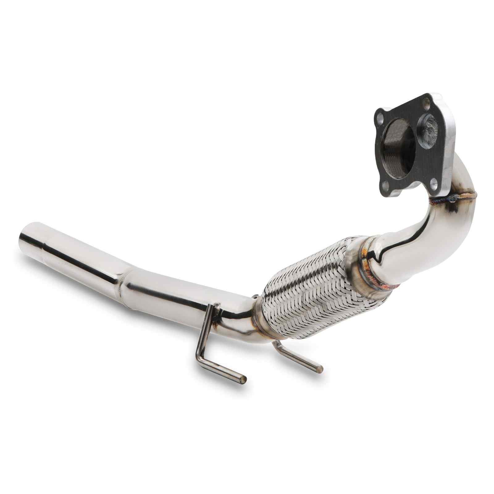 Polished stainless steel 2" exhaust decat downpipe with a flexible section and a flange for mounting, designed for Volkswagen and Seat models from 1996 to 2002.