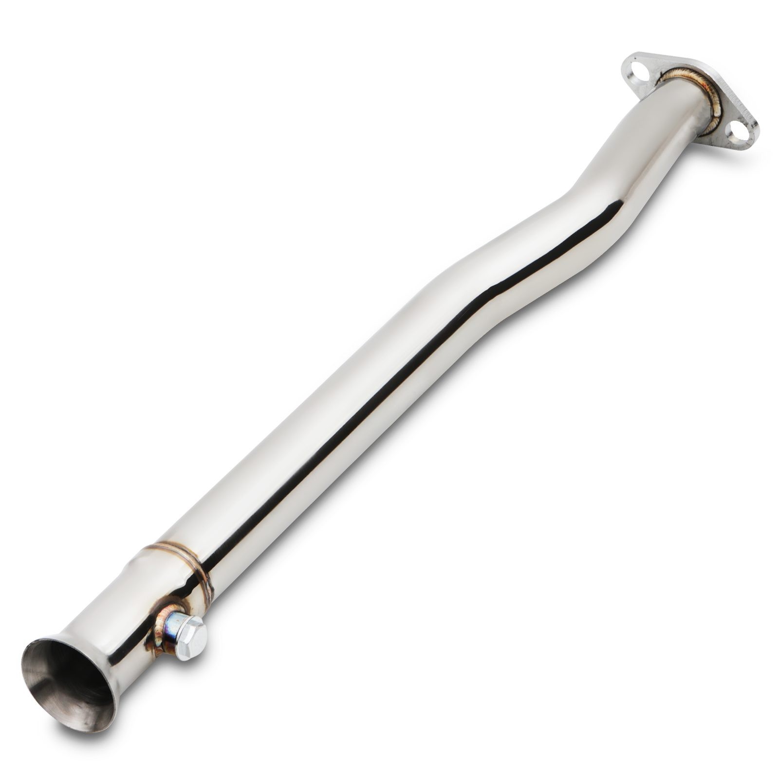 Polished stainless steel 2" exhaust decat pipe for Peugeot 106 1.6 16V GTI Phase 2 (1996-2004), featuring a smooth, curved design and flanged ends for easy installation.
