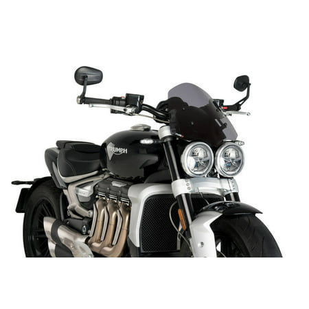 Dark smoke touring windscreen by Puig, featuring a sleek design, mounted on a black motorcycle with chrome accents, enhancing aerodynamics and rider protection.