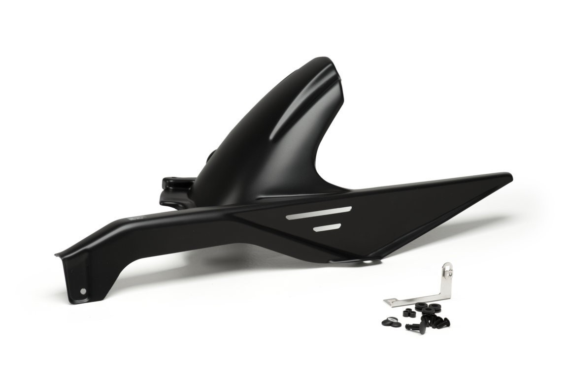 Matt black Puig Hugger for BMW F750 GS (2018-2024) featuring a sleek design, durable material, and includes mounting hardware with screws and a metal bracket.