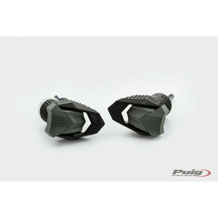 Black Puig R19 frame sliders designed for BMW S1000 XR models from 2020 to 2023, featuring a robust, angular design for enhanced protection.