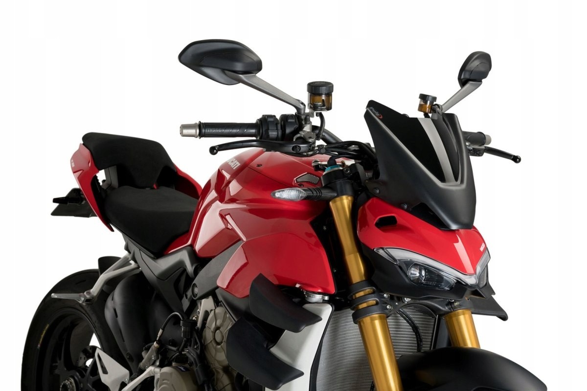Puig New Generation Sport Screen for Ducati Streetfighter V2, featuring a sleek black design, aerodynamic shape, and durable material, enhancing the bike's sporty look and performance.
