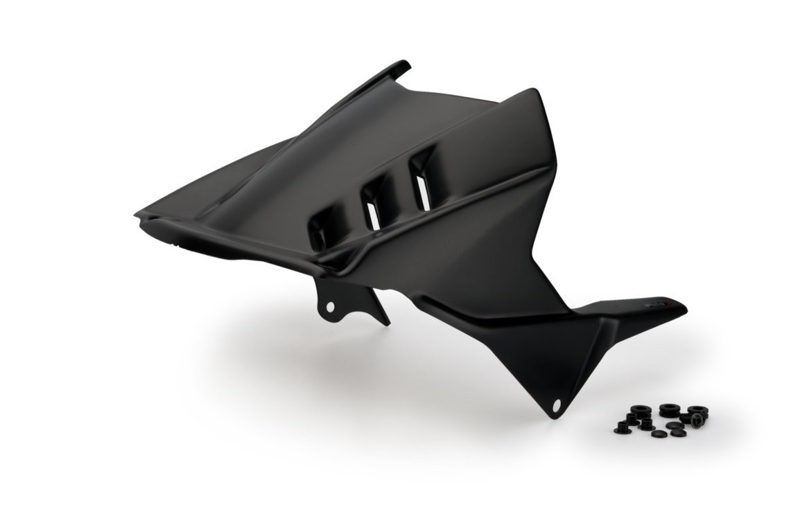 Matt black Puig Hugger for Honda CBR1000RR-R Fireblade (2020-2025) featuring a sleek design with ventilation slots and accompanying mounting hardware.