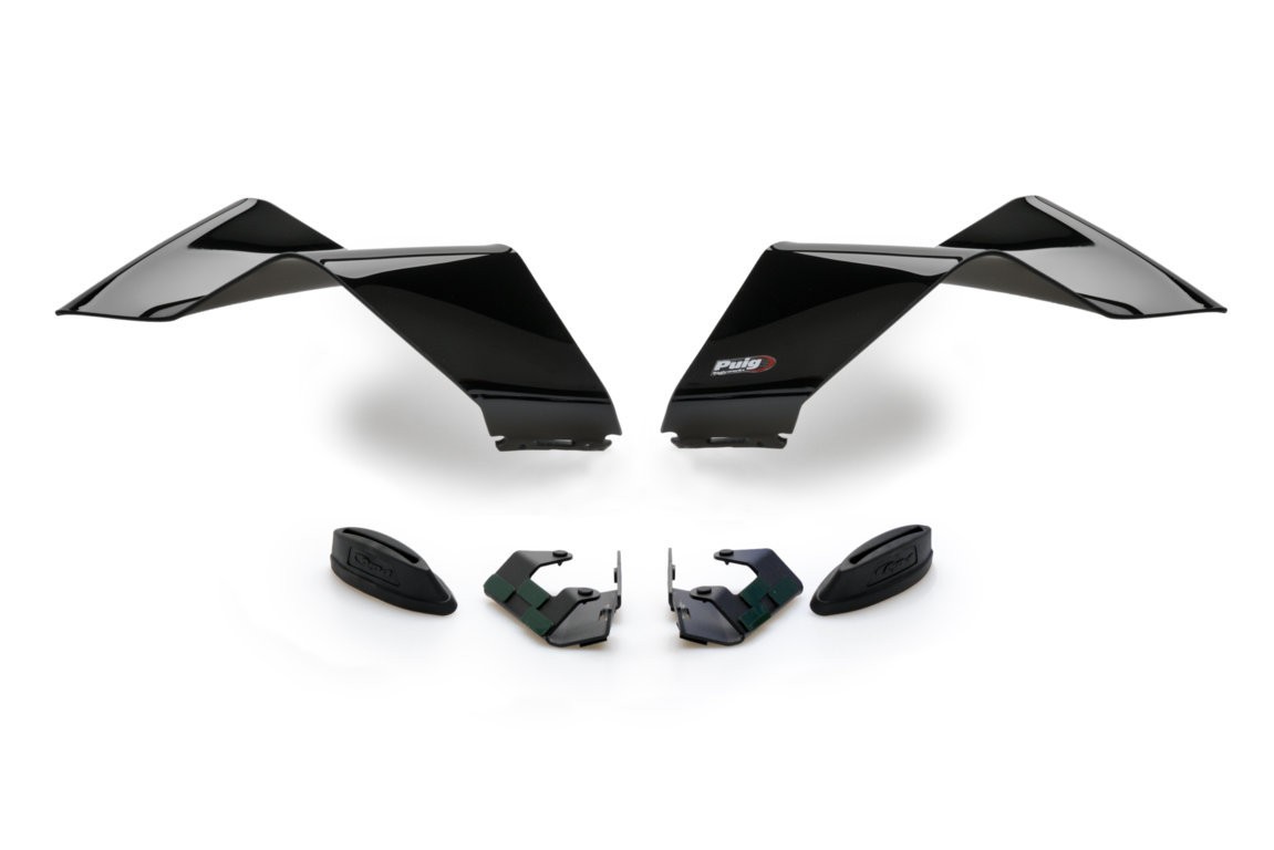 Black Puig Downforce Spoilers for Yamaha YZF R1 (2020-2025) featuring sleek aerodynamic design with curved edges and mounting brackets included.