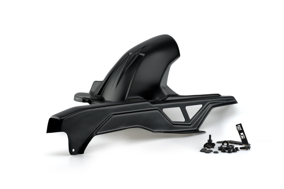 Puig Hugger for BMW F900 R (2020-2025) in carbon look, featuring a sleek black design with a textured finish, includes mounting hardware.