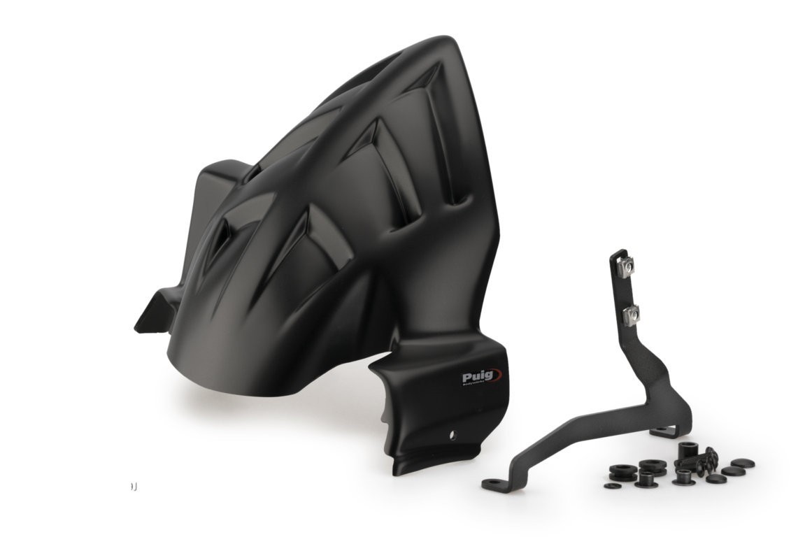 Matt black Puig Hugger for KTM 1290 Super Adventure R (2021-2024) with a sleek design, featuring aerodynamic contours and mounting hardware included.