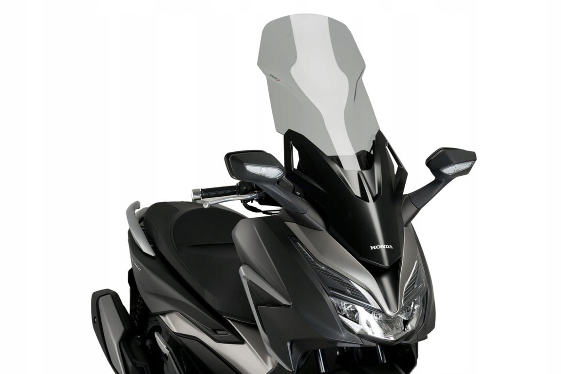 Light smoke Puig V-Tech Line Touring Screen designed for Honda Forza 125 (2021-2025), featuring a sleek, aerodynamic shape and durable material, enhancing rider comfort.