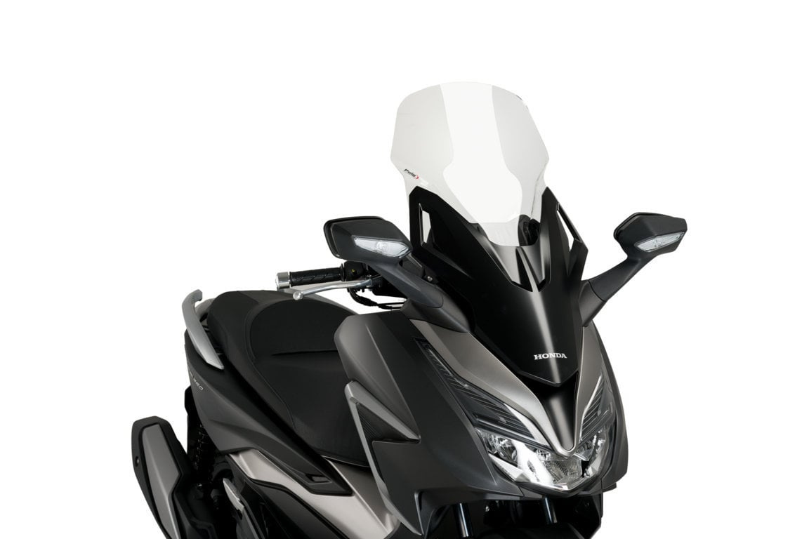 Clear Puig V-Tech Line Touring Screen designed for Honda Forza 125 (2021-2025), featuring a sleek aerodynamic shape and durable material, enhancing wind protection and style.