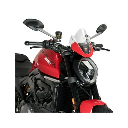 Clear Puig Sport Screen designed for Ducati Monster 937 (2021-2025) featuring a sleek design, mounted on a red motorcycle with black accents and a sporty front profile.