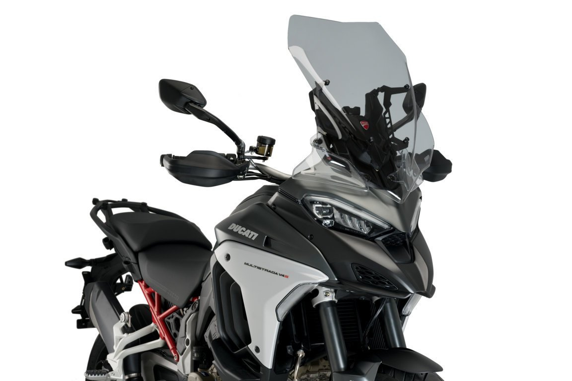 Puig Touring Screen for Ducati Multistrada 1200 V4, featuring a light smoke color, aerodynamic design, and durable material, enhancing rider comfort and protection.