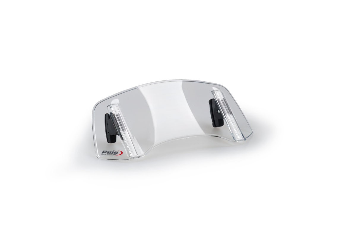 Multi-adjustable motorcycle windshield deflector in smoke color, featuring a sleek, curved design with two black adjustment knobs on the sides for customizable height and angle.