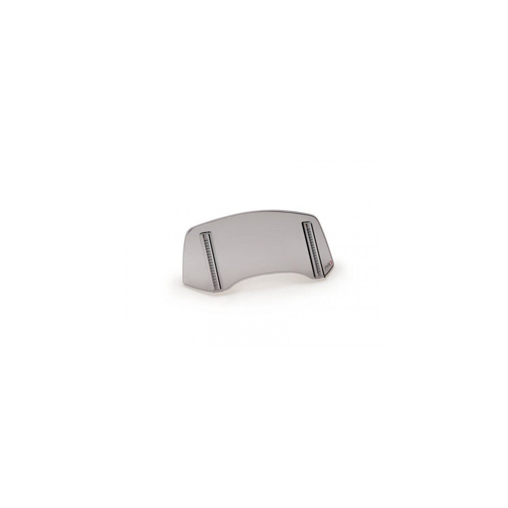 Light smoke Puig spare screen extender, measuring 325mm x 140mm, featuring a curved design with mounting grooves for easy installation on motorcycle windshields.