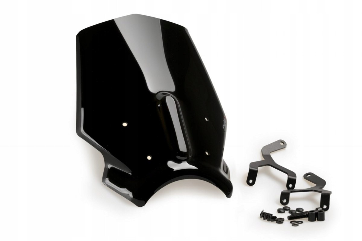 Black Puig New Generation Sport Screen for Honda CB1000 R Neo Sports Cafe 2021-2025, featuring a glossy finish and accompanied by mounting hardware.
