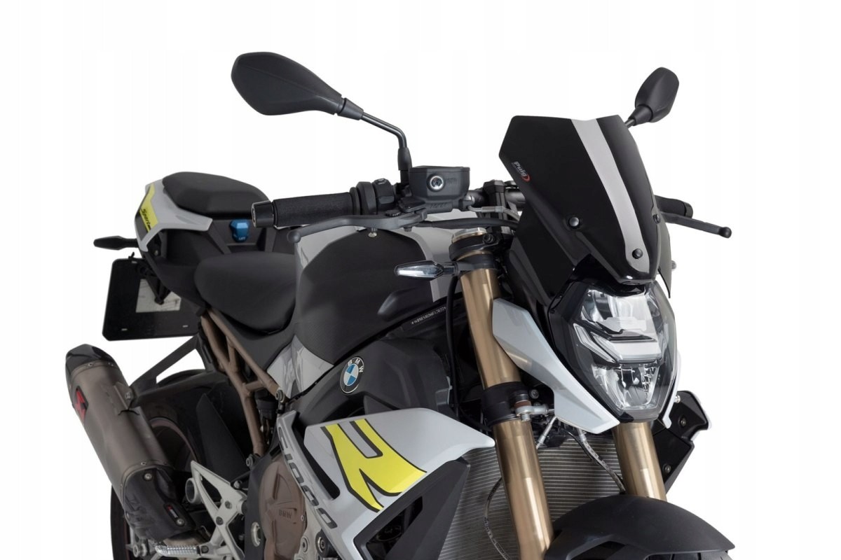 Puig New Generation Sport Screen in black for BMW M1000 R (2023-2024), featuring a sleek design with a matte finish and integrated mounting points, enhancing aerodynamics and style.