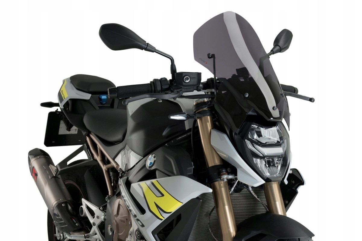 Puig New Generation Touring Screen in dark smoke for BMW M1000 R (2023-2024), featuring a sleek design, mounted on a motorcycle with a sporty aesthetic and adjustable mirrors.