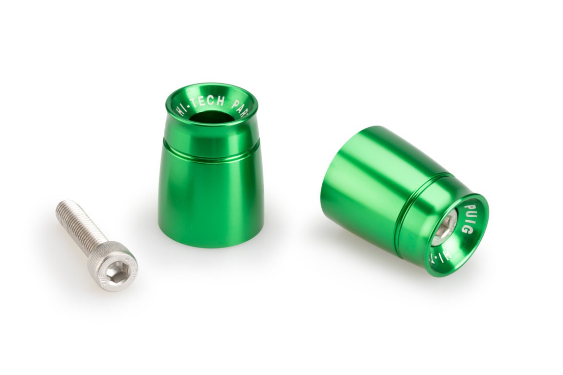 Green aluminum sport bar ends for Kawasaki ER6-F (2009-2016) by Puig, featuring a sleek, anodized finish and a silver screw included.