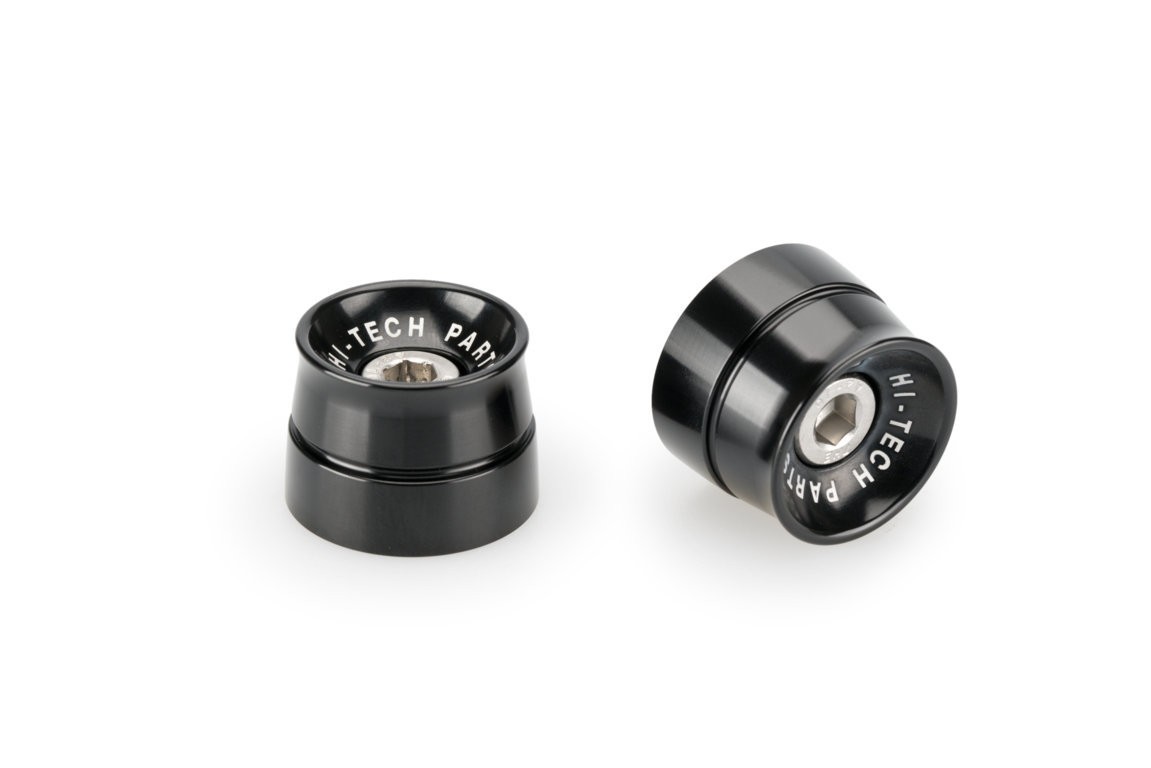 Black Puig Speed Bar Ends for Kawasaki ER6-F, featuring a sleek design with a metallic finish and engraved "HI-TECH PARTS" branding, enhancing grip and style.