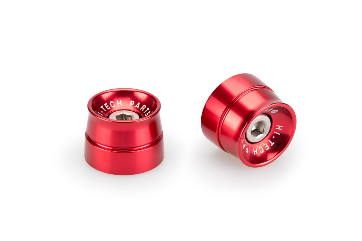 Red aluminum Puig Speed Bar Ends designed for Kawasaki ER6-F (2009-2016), featuring a sleek design with a central bolt hole and engraved branding.