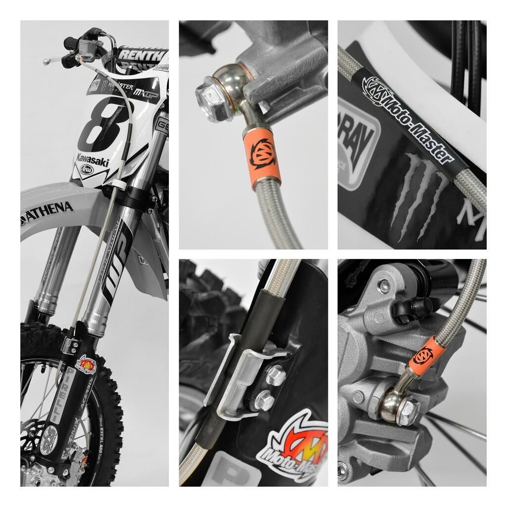 Moto Master Brake Hose Kit for KTM SX85, featuring a stainless steel braided hose, orange identification tags, and high-quality fittings, designed for optimal performance and durability.