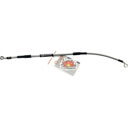 Silver Moto Master brake hose with black rubber ends, designed for Yamaha YZ85 models from 2019 to 2025, featuring a curved shape and includes mounting hardware.