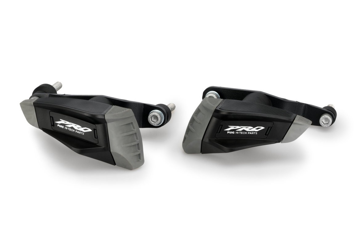 Black Puig Pro 2.0 frame sliders featuring a sleek design with rubber ends, designed for BMW F900 R models from 2020 to 2025, providing enhanced protection and stability.