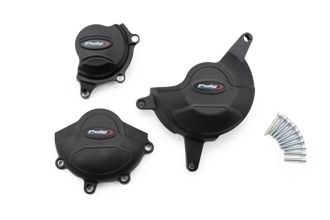 Black Puig engine guard set for Honda CB650 R Neo Sports Cafe (2021-2023), featuring three protective covers and a set of silver screws for installation.