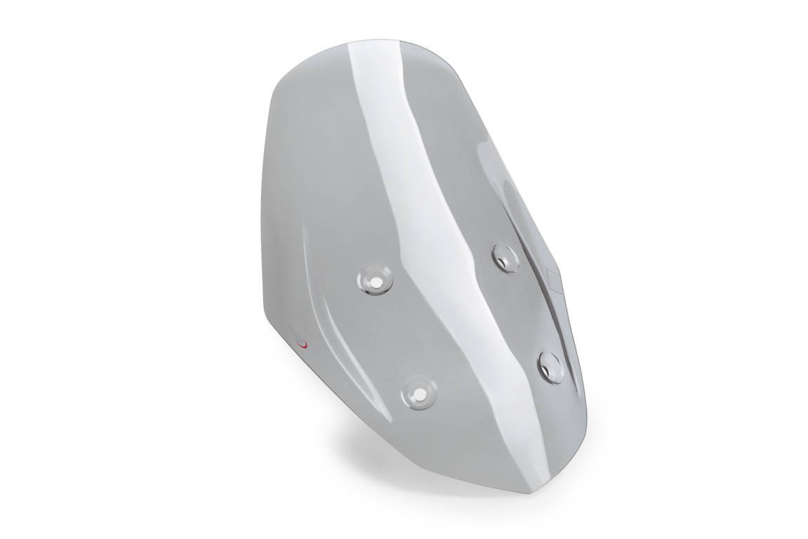 Light smoke Puig Touring Screen designed for Moto Guzzi Stelvio 2024-2025, featuring a sleek, aerodynamic shape with three mounting points for easy installation.