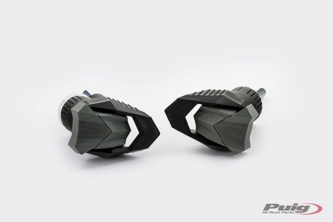 Black Puig R19 frame sliders featuring a hexagonal design and durable material, designed specifically for the Honda CB750 Hornet models from 2023 to 2025.
