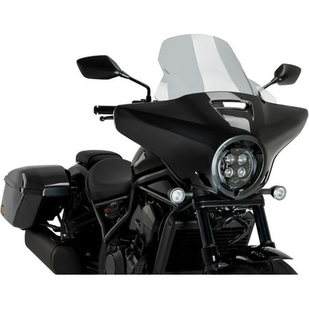 Light smoke Puig Batwing Touring Screen designed for Honda CMX1100T Rebel (2023-2025), featuring a sleek, aerodynamic shape and a glossy finish, mounted on a black motorcycle.