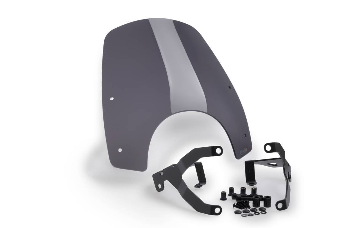 Puig New Generation Sport Screen for Honda CL500 (2023-2025) in dark smoke, featuring a sleek design with a grey stripe and included mounting hardware.