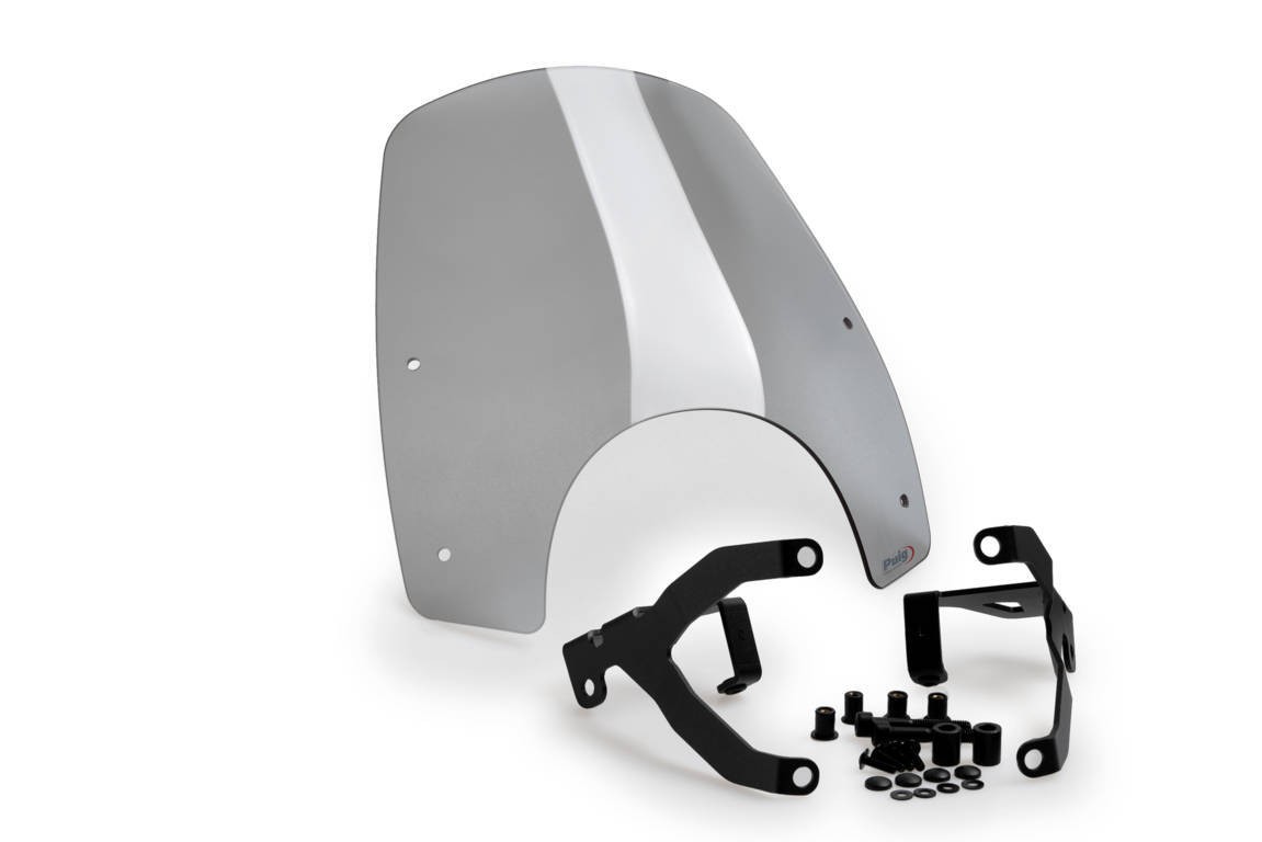 Light smoke Puig New Generation Sport Screen for Honda CL500 (2023-2025) with a sleek design, featuring mounting brackets and hardware for easy installation.