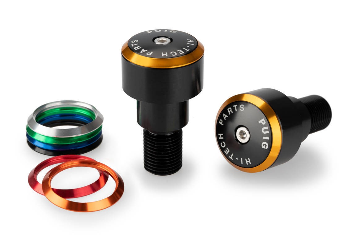 Black Puig Balance Bar Ends for Yamaha FZ1 Fazer, featuring a sleek design with an orange accent, metal construction, and interchangeable colored rings in green, blue, red, and orange.