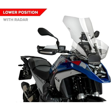 Clear Puig Touring Screen for BMW R1300 GS (2023-2025) mounted in lower position, showcasing a sleek design with smooth edges and a sturdy attachment to the motorcycle.