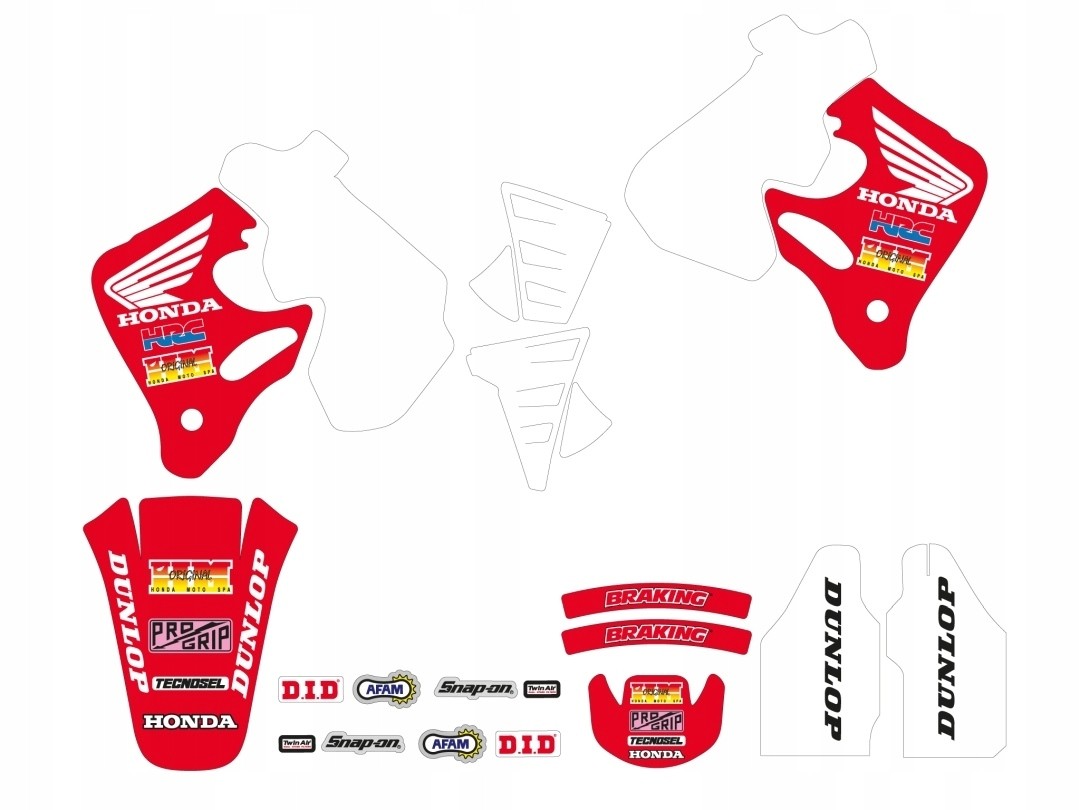 Tecnosel graphics kit for Honda CR125 (1993-1994) featuring vibrant red, white, and multi-colored designs, including logos for Honda, Dunlop, and Braking on durable material.