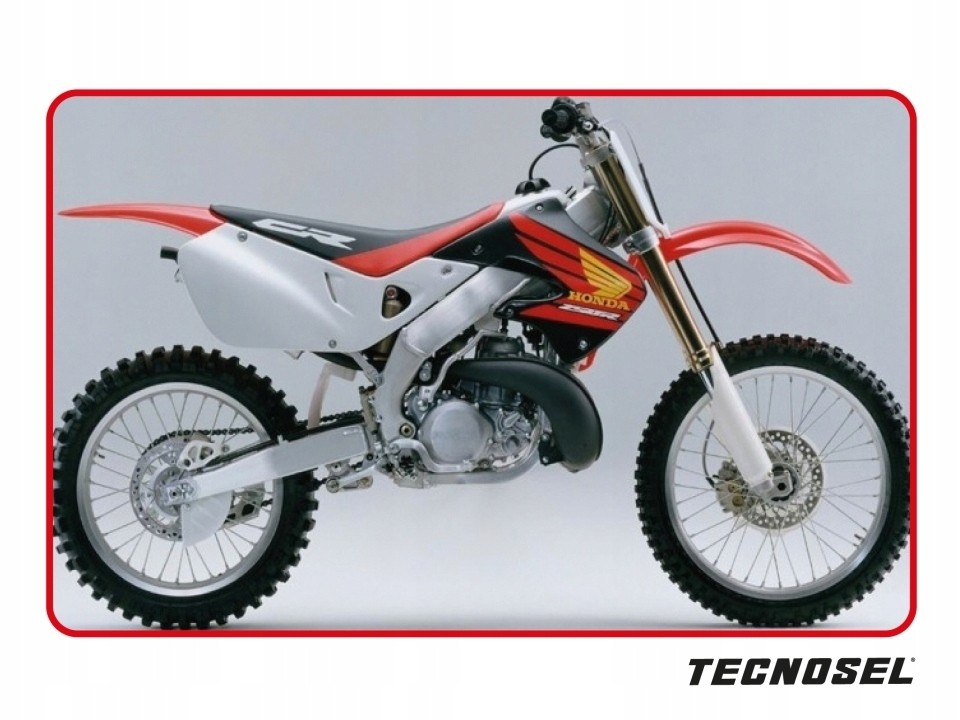 Tecnosel Graphics Kit for Honda CR125 (1998-1999) featuring a black, red, white, and multi-colored design with bold graphics and a sleek finish, ideal for enhancing bike aesthetics.