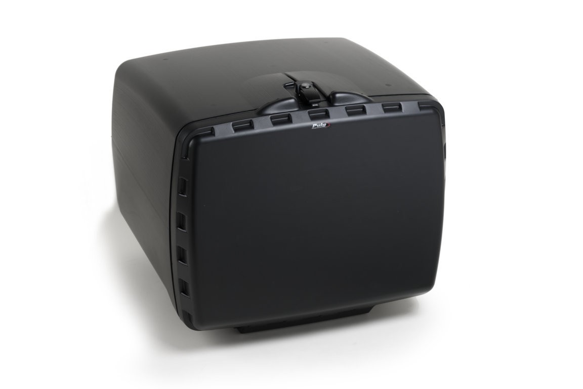 Black Puig Mega Top Box with a 100L capacity, featuring a sleek design, sturdy plastic material, and a secure locking mechanism on the lid.