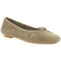 Light brown suede ballet flats featuring a rounded toe and a small bow detail on the front, with a flexible sole for comfort.