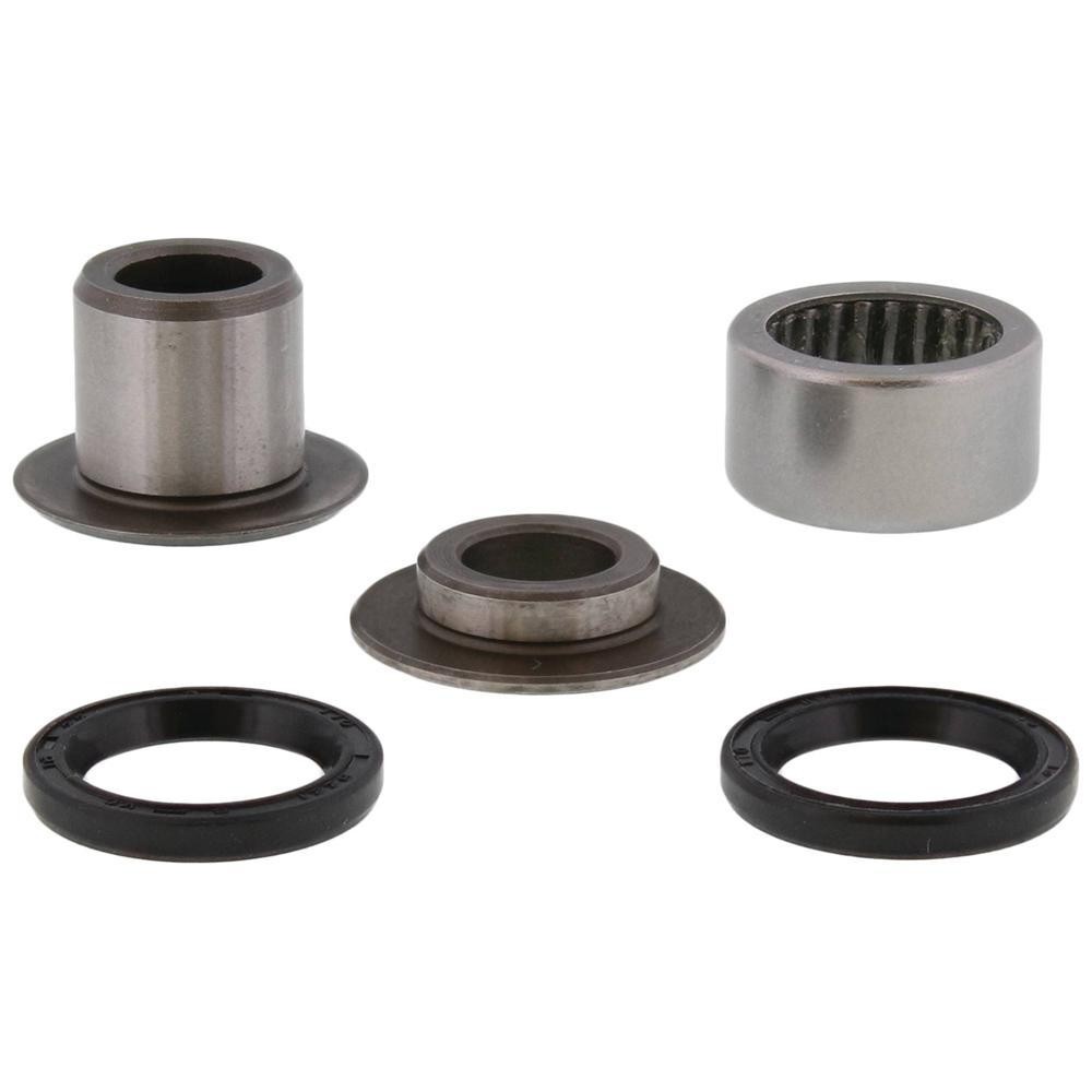 Rear shock bearing kit featuring four metal components, including two cylindrical bearings and two rubber seals, designed for various Kawasaki KX models from 1998 to 2025.